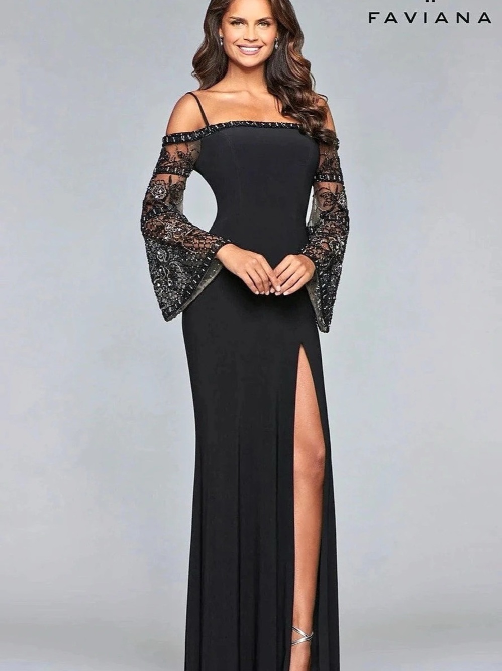 Faviana Long Jersey Dress with Beaded Bell Sleeves S10101 Black Size 6